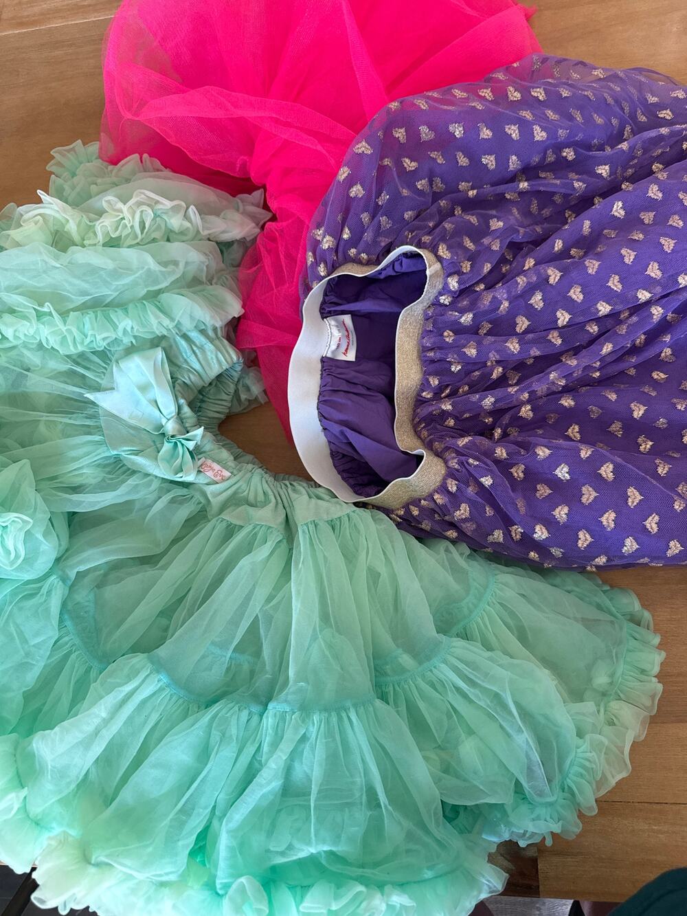 Tutu’s Girls (3) Kaiya Eve- Mint Petticoat, Hanna Anderson Purple, Hot Pink